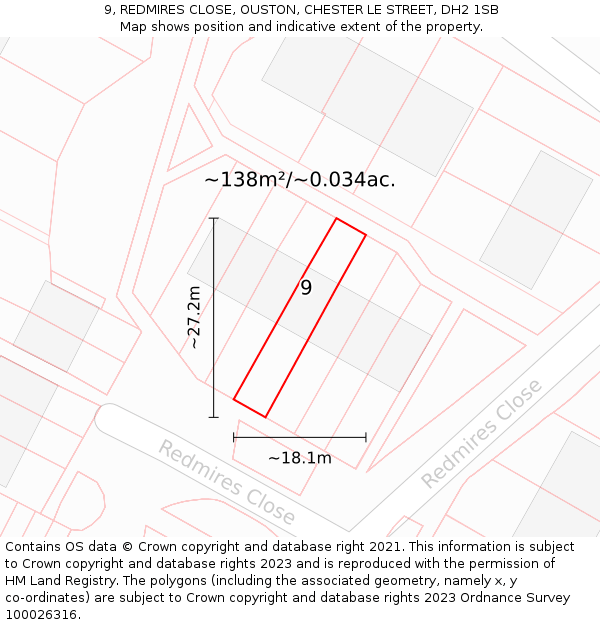 9, REDMIRES CLOSE, OUSTON, CHESTER LE STREET, DH2 1SB: Plot and title map