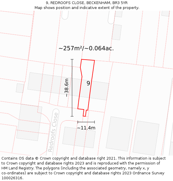 9, REDROOFS CLOSE, BECKENHAM, BR3 5YR: Plot and title map