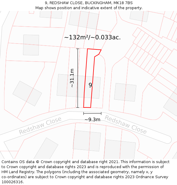 9, REDSHAW CLOSE, BUCKINGHAM, MK18 7BS: Plot and title map