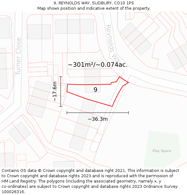 9, REYNOLDS WAY, SUDBURY, CO10 1PS: Plot and title map