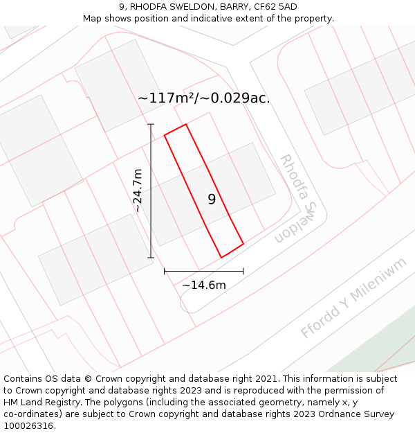 9, RHODFA SWELDON, BARRY, CF62 5AD: Plot and title map