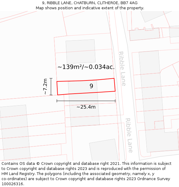 9, RIBBLE LANE, CHATBURN, CLITHEROE, BB7 4AG: Plot and title map