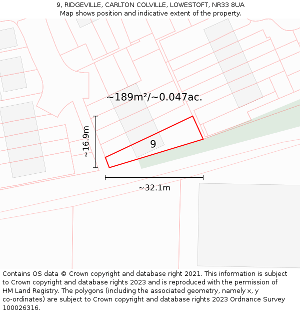 9, RIDGEVILLE, CARLTON COLVILLE, LOWESTOFT, NR33 8UA: Plot and title map