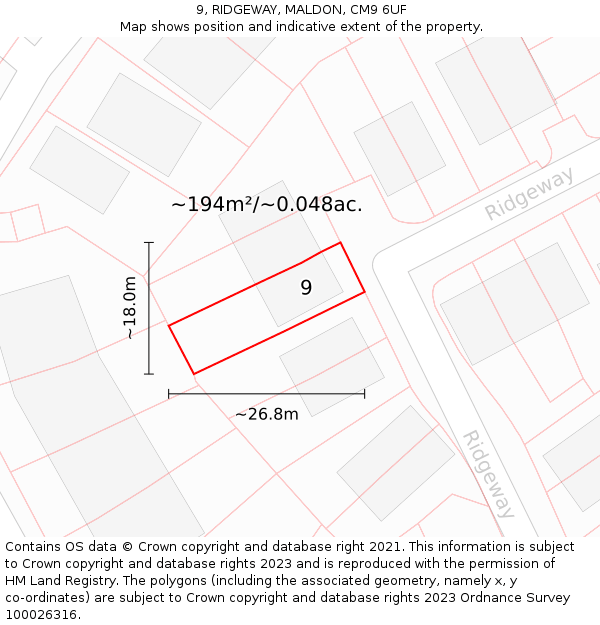 9, RIDGEWAY, MALDON, CM9 6UF: Plot and title map