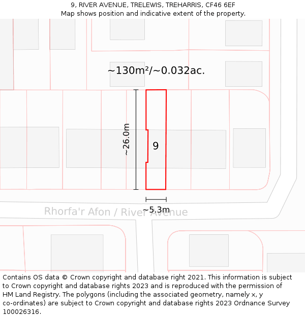 9, RIVER AVENUE, TRELEWIS, TREHARRIS, CF46 6EF: Plot and title map