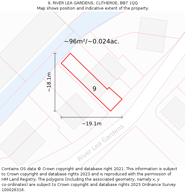 9, RIVER LEA GARDENS, CLITHEROE, BB7 1QQ: Plot and title map
