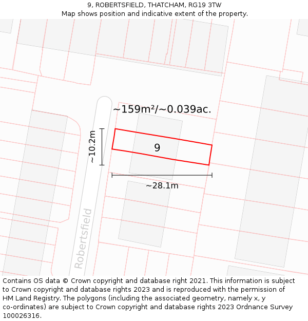 9, ROBERTSFIELD, THATCHAM, RG19 3TW: Plot and title map