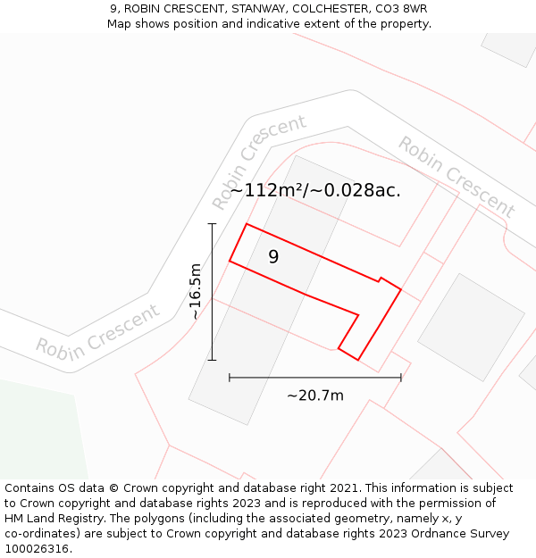9, ROBIN CRESCENT, STANWAY, COLCHESTER, CO3 8WR: Plot and title map