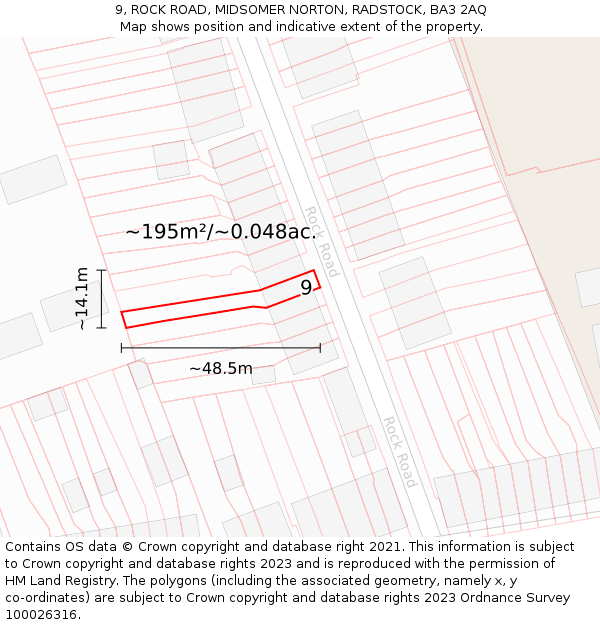 9, ROCK ROAD, MIDSOMER NORTON, RADSTOCK, BA3 2AQ: Plot and title map