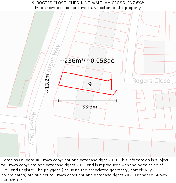 9, ROGERS CLOSE, CHESHUNT, WALTHAM CROSS, EN7 6XW: Plot and title map