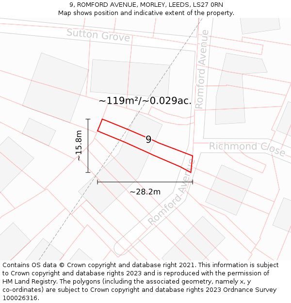 9, ROMFORD AVENUE, MORLEY, LEEDS, LS27 0RN: Plot and title map