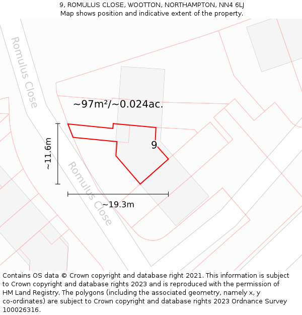 9, ROMULUS CLOSE, WOOTTON, NORTHAMPTON, NN4 6LJ: Plot and title map