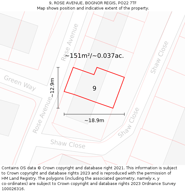 9, ROSE AVENUE, BOGNOR REGIS, PO22 7TF: Plot and title map