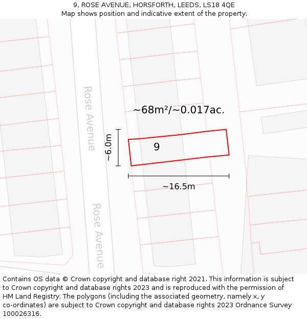 9, ROSE AVENUE, HORSFORTH, LEEDS, LS18 4QE: Plot and title map