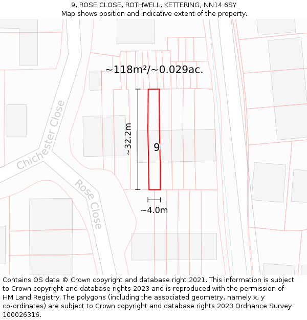 9, ROSE CLOSE, ROTHWELL, KETTERING, NN14 6SY: Plot and title map