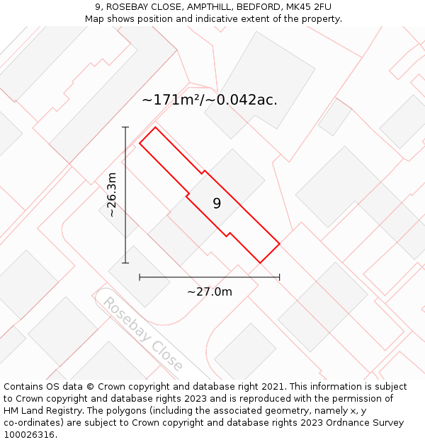9, ROSEBAY CLOSE, AMPTHILL, BEDFORD, MK45 2FU: Plot and title map