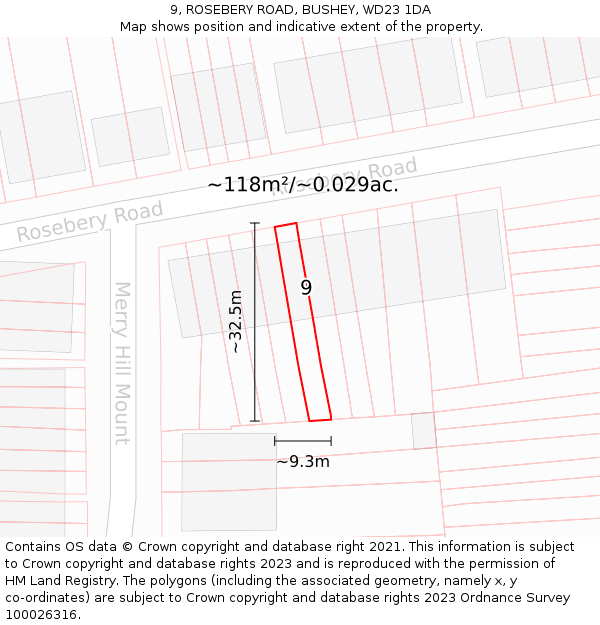 9, ROSEBERY ROAD, BUSHEY, WD23 1DA: Plot and title map