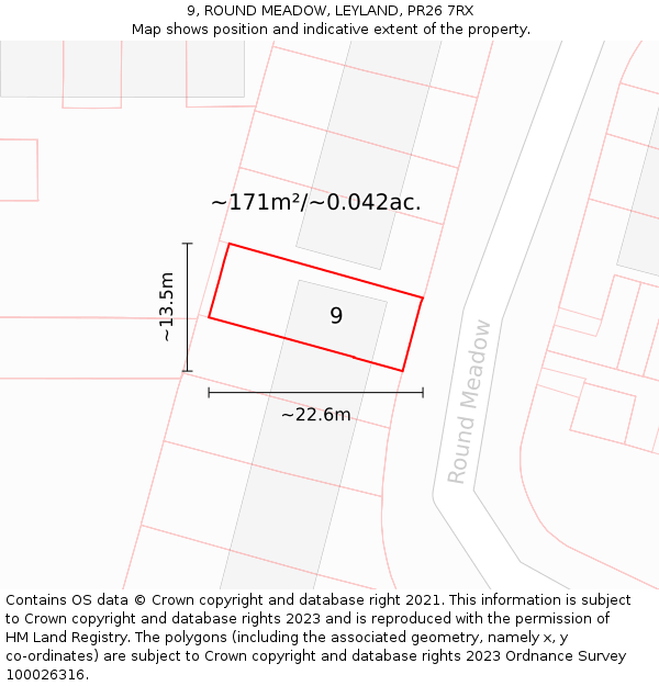 9, ROUND MEADOW, LEYLAND, PR26 7RX: Plot and title map
