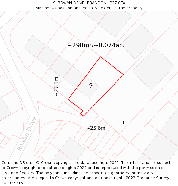 9, ROWAN DRIVE, BRANDON, IP27 0EX: Plot and title map