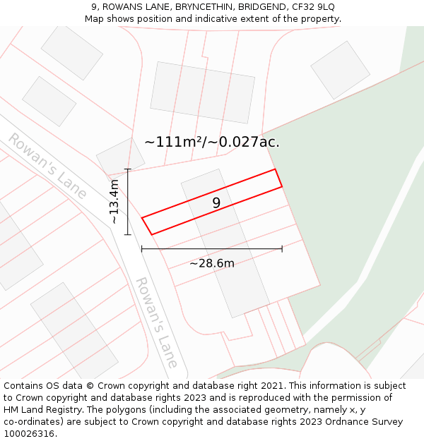 9, ROWANS LANE, BRYNCETHIN, BRIDGEND, CF32 9LQ: Plot and title map