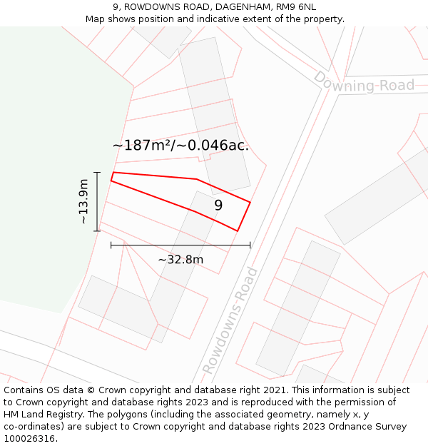 9, ROWDOWNS ROAD, DAGENHAM, RM9 6NL: Plot and title map