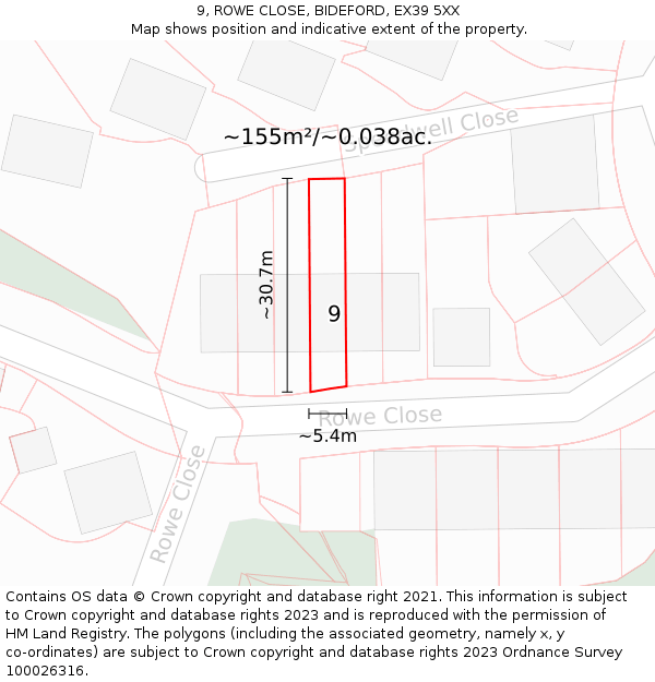 9, ROWE CLOSE, BIDEFORD, EX39 5XX: Plot and title map