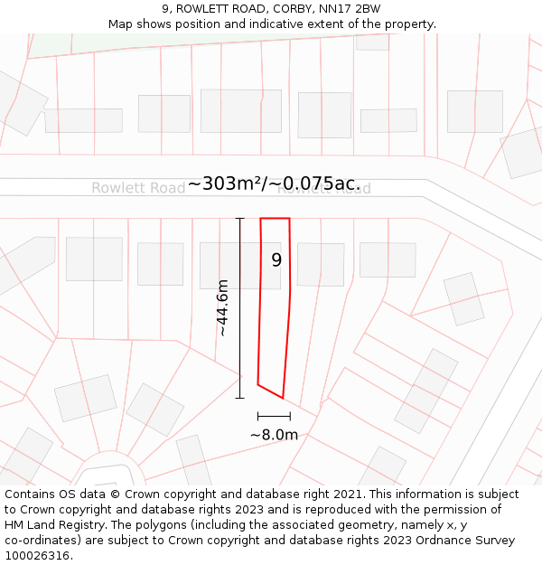 9, ROWLETT ROAD, CORBY, NN17 2BW: Plot and title map