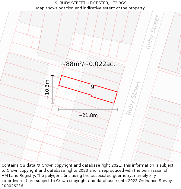 9, RUBY STREET, LEICESTER, LE3 9GS: Plot and title map