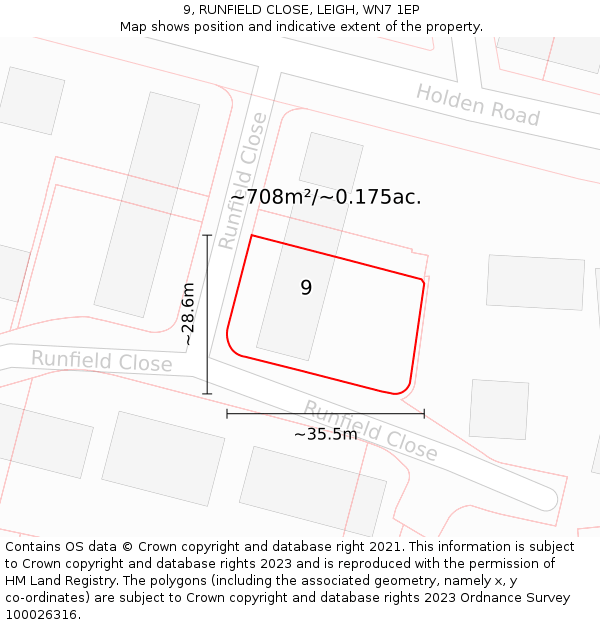 9, RUNFIELD CLOSE, LEIGH, WN7 1EP: Plot and title map