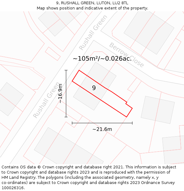 9, RUSHALL GREEN, LUTON, LU2 8TL: Plot and title map