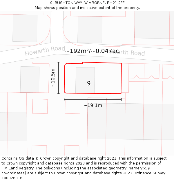 9, RUSHTON WAY, WIMBORNE, BH21 2FF: Plot and title map