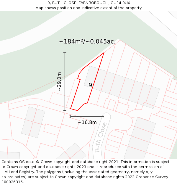 9, RUTH CLOSE, FARNBOROUGH, GU14 9UX: Plot and title map