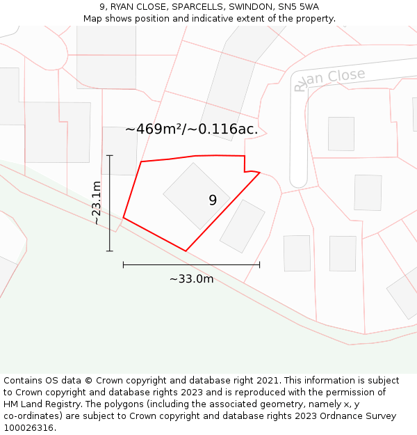 9, RYAN CLOSE, SPARCELLS, SWINDON, SN5 5WA: Plot and title map