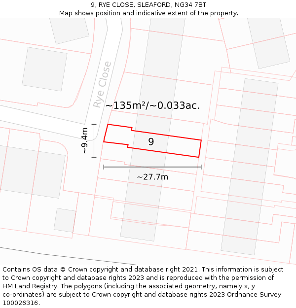 9, RYE CLOSE, SLEAFORD, NG34 7BT: Plot and title map