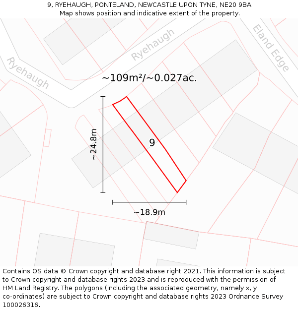 9, RYEHAUGH, PONTELAND, NEWCASTLE UPON TYNE, NE20 9BA: Plot and title map