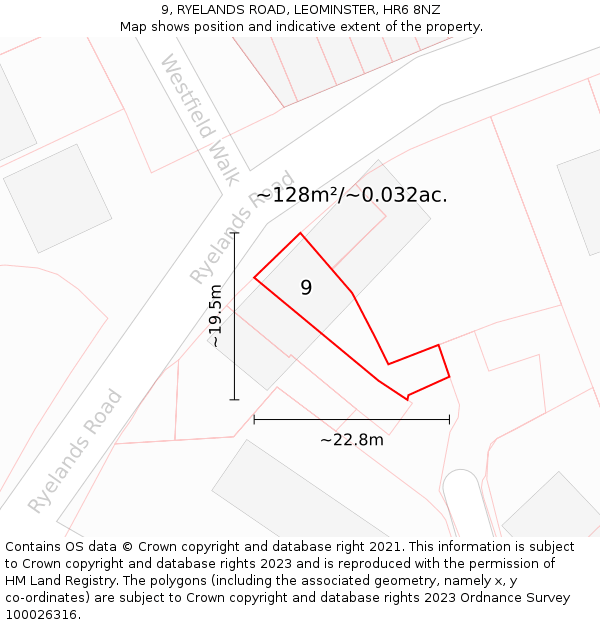 9, RYELANDS ROAD, LEOMINSTER, HR6 8NZ: Plot and title map