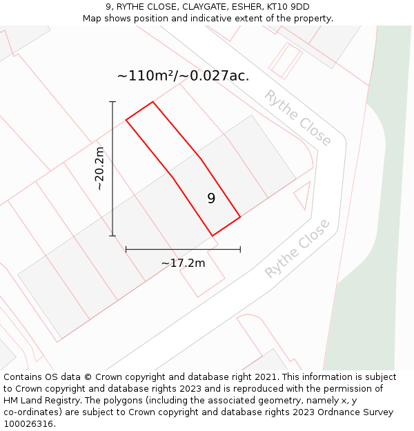 9, RYTHE CLOSE, CLAYGATE, ESHER, KT10 9DD: Plot and title map