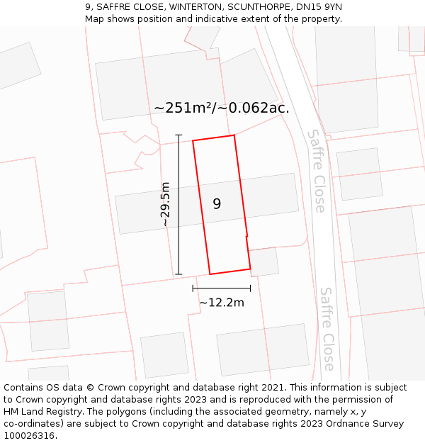 9, SAFFRE CLOSE, WINTERTON, SCUNTHORPE, DN15 9YN: Plot and title map