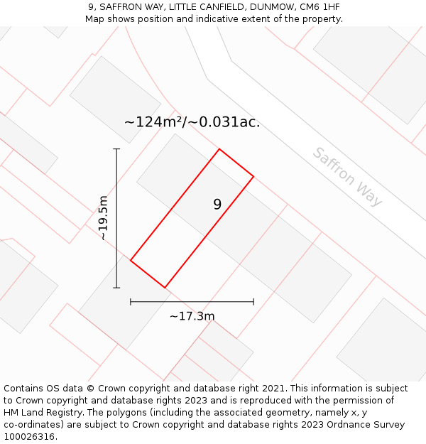 9, SAFFRON WAY, LITTLE CANFIELD, DUNMOW, CM6 1HF: Plot and title map
