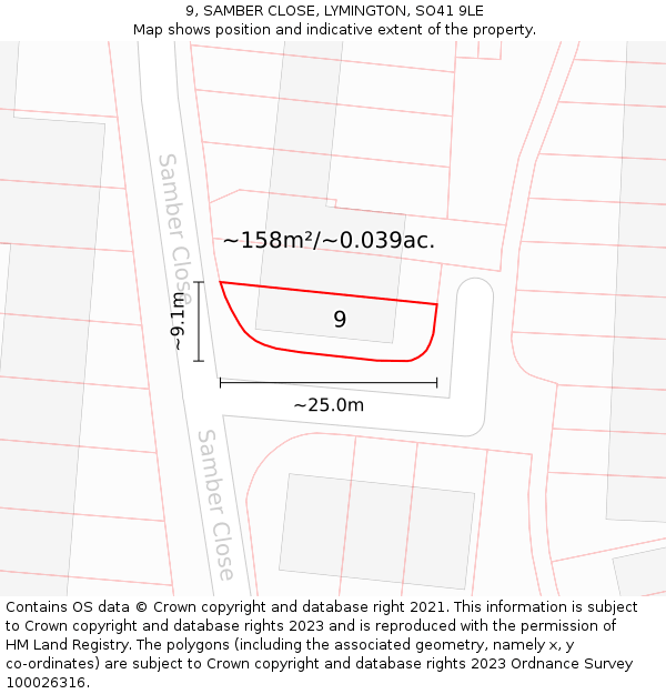 9, SAMBER CLOSE, LYMINGTON, SO41 9LE: Plot and title map