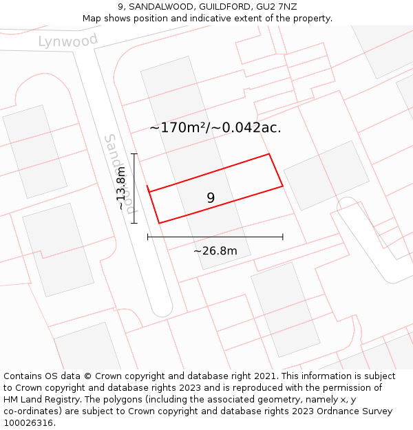 9, SANDALWOOD, GUILDFORD, GU2 7NZ: Plot and title map
