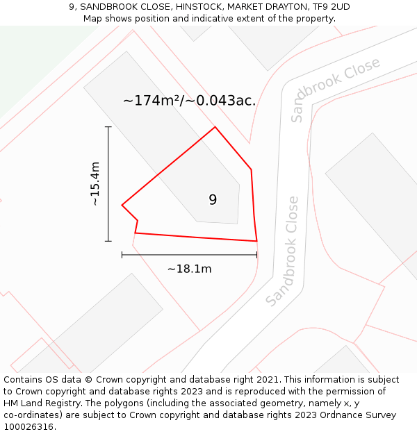 9, SANDBROOK CLOSE, HINSTOCK, MARKET DRAYTON, TF9 2UD: Plot and title map