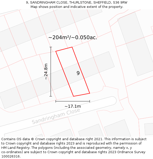 9, SANDRINGHAM CLOSE, THURLSTONE, SHEFFIELD, S36 9RW: Plot and title map