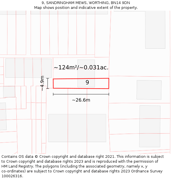 9, SANDRINGHAM MEWS, WORTHING, BN14 9DN: Plot and title map