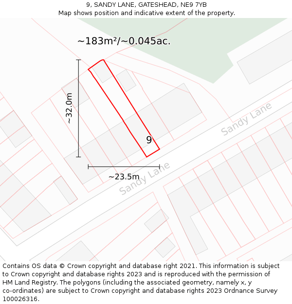 9, SANDY LANE, GATESHEAD, NE9 7YB: Plot and title map