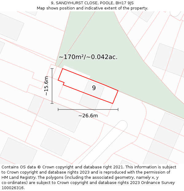 9, SANDYHURST CLOSE, POOLE, BH17 9JS: Plot and title map