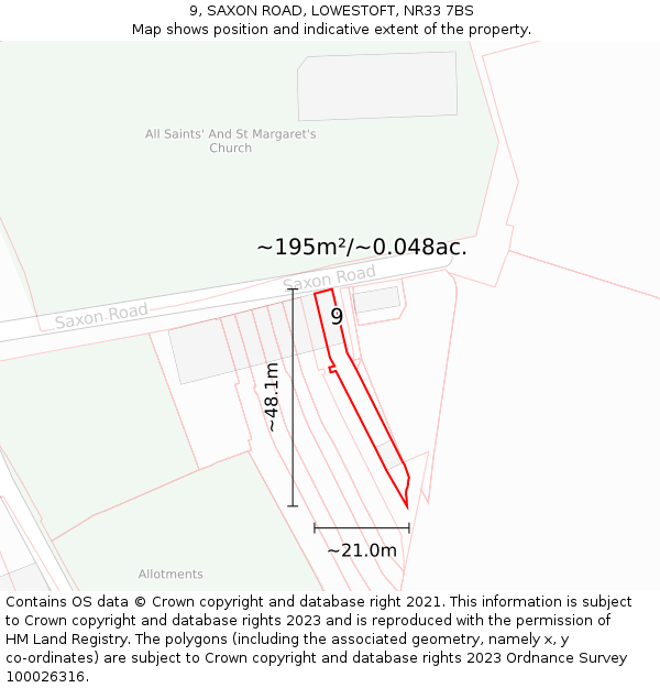 9, SAXON ROAD, LOWESTOFT, NR33 7BS: Plot and title map