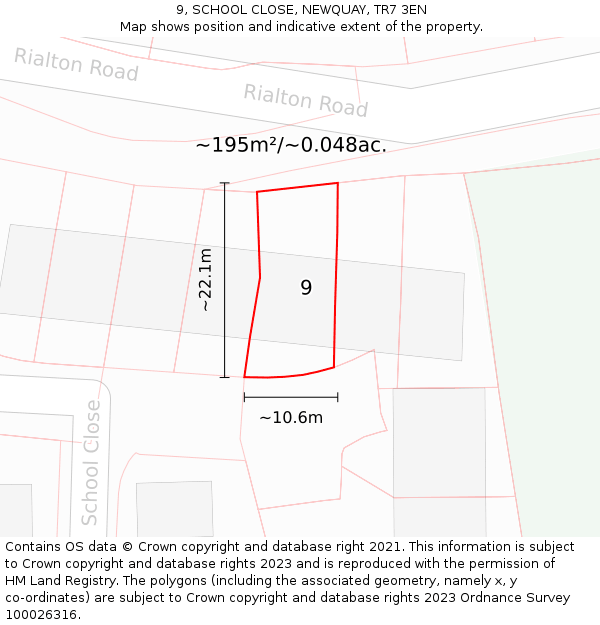 9, SCHOOL CLOSE, NEWQUAY, TR7 3EN: Plot and title map