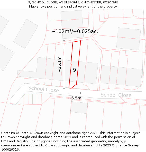 9, SCHOOL CLOSE, WESTERGATE, CHICHESTER, PO20 3AB: Plot and title map