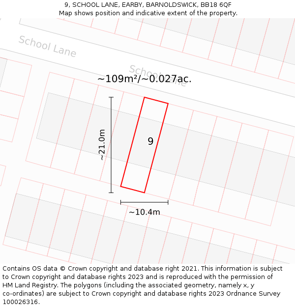 9, SCHOOL LANE, EARBY, BARNOLDSWICK, BB18 6QF: Plot and title map